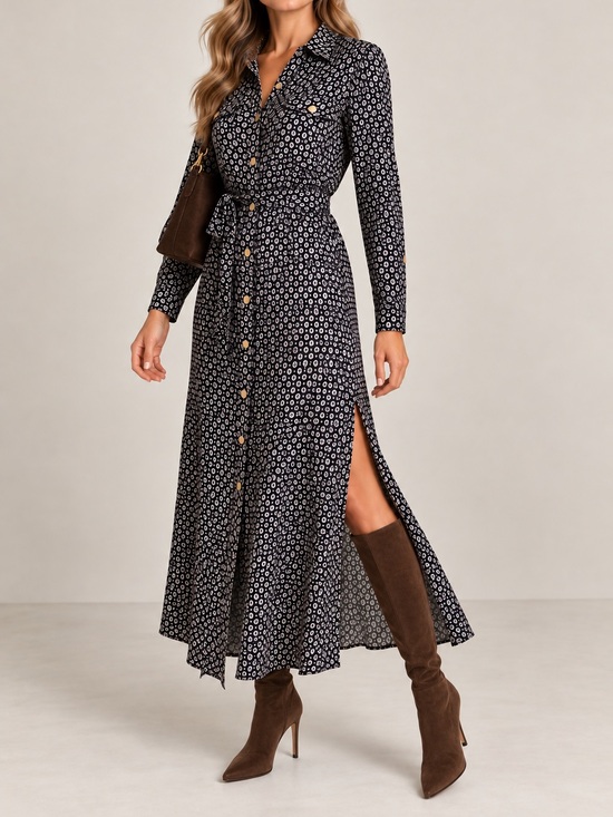 Dresses & Skirts - Long Sleeve Button-Front Print Shirt Dress